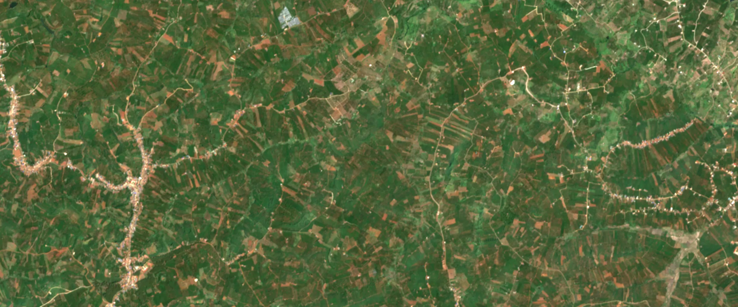 Satellite image: a dense patchwork of small coffee farms on a plateau, crossed by village roads